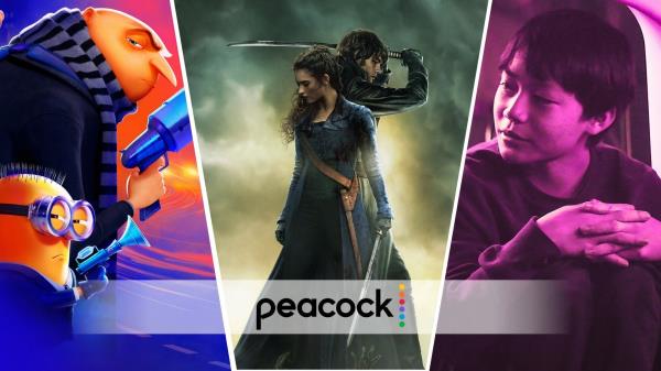 An edit of three movies with the Peacock logo including Despicable Me 4, Didi, and Pride + Prejudice + Zombies  