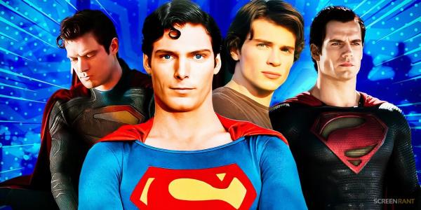 David Corenswet’s Superman from the suit reveal, Christopher Reeve’s Superman, Tom Welling’s Clark Kent, and Henry Cavill’s Superman