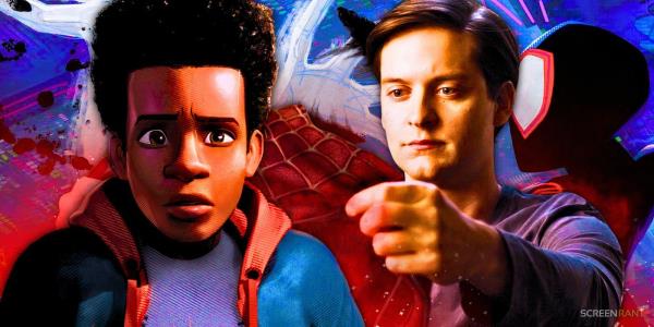 Spider-Verse's Miles Morales in and out of his Spider-Man suit and Tobey Maguire's Peter Parker