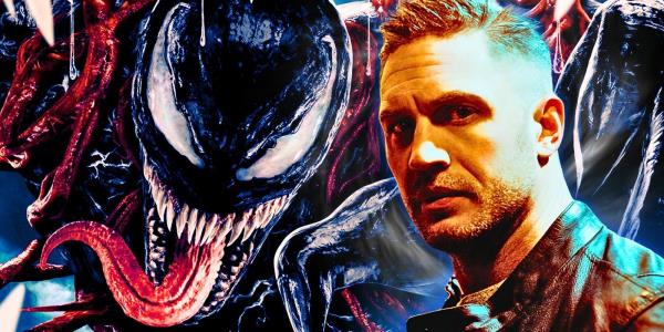 Venom fights Carnage and Tom Hardy as Eddie Brock stares at the screen