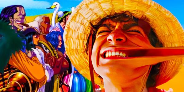 Live-action Luffy's mouth being pulled to the side with the anime's Baroque Works villains on the other side