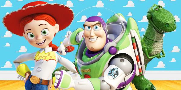 A collage of Jessie, Buzz, and Rex from Toy Story in front of Andy's cloud wallpaper