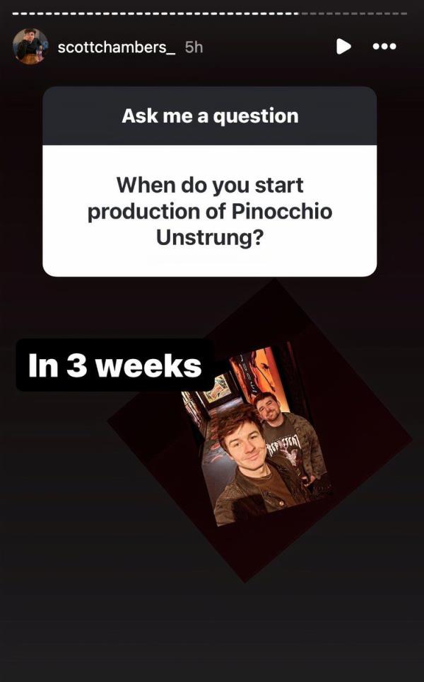 A screenshot of Scott Chambers' Instagram story discussing Pinocchio Unstrung