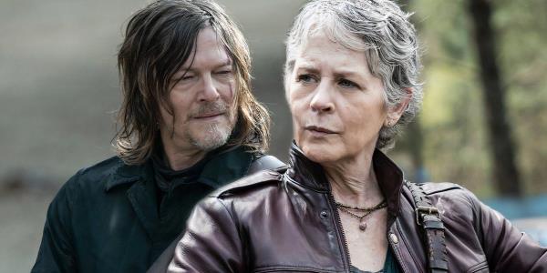 Norman Reedus as Daryl walking with a weapon next to Melissa McBride as Carol on a motorcycle in The Walking Dead Daryl Dixon season 2