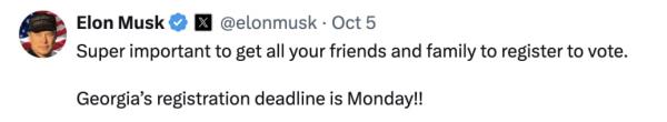 Elon Musk posts a<em></em>bout registering to vote