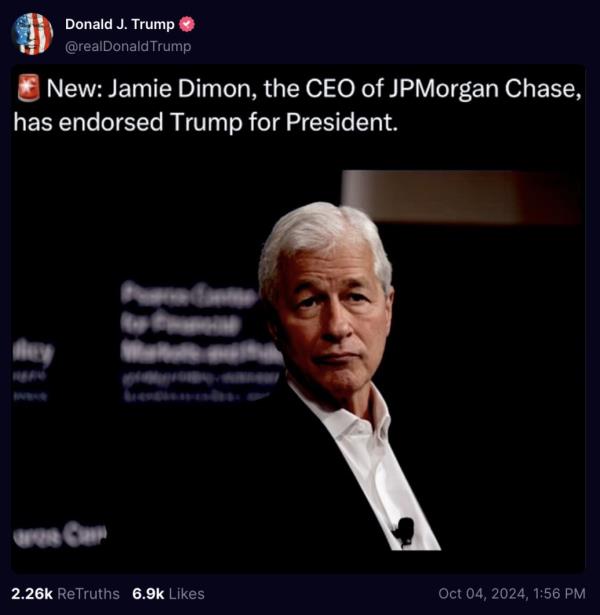 Do<em></em>nald Trump’s post to Truth Social a<em></em>bout the fake endorsement of Jamie Dimon.