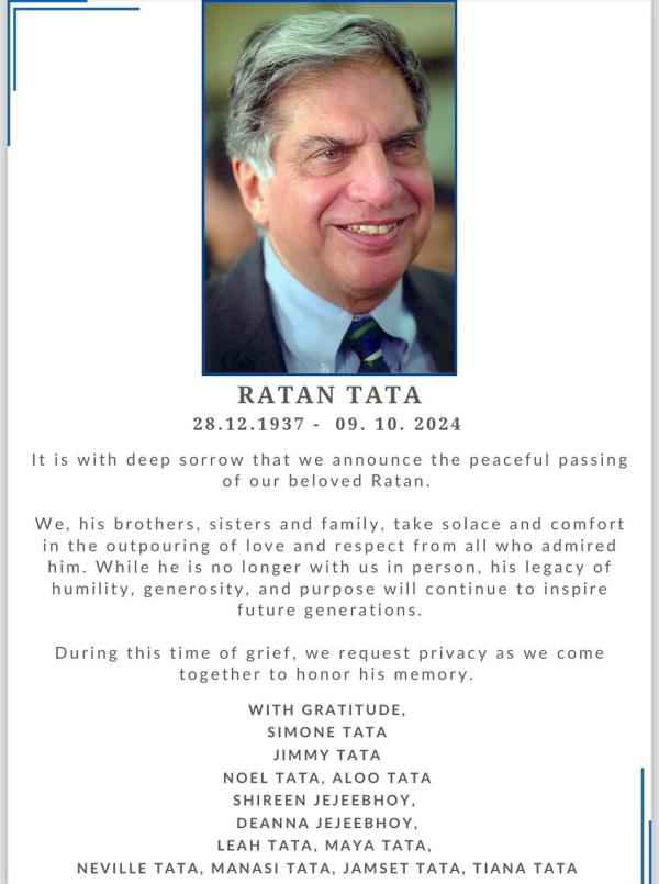 Obituary posted by Ratan Tata's family.