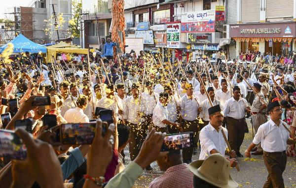 RSS volunteers take part in a 'pathsanchalan', in Hubballi, Karnataka.