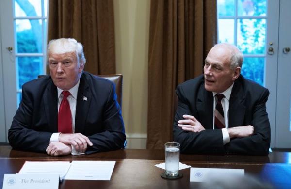 Former President Do<em></em>nald Trump and Chief of Staff John Kelly during a meeting with senior military leaders in the Cabinet Room of the White House on Oct. 5, 2017. 