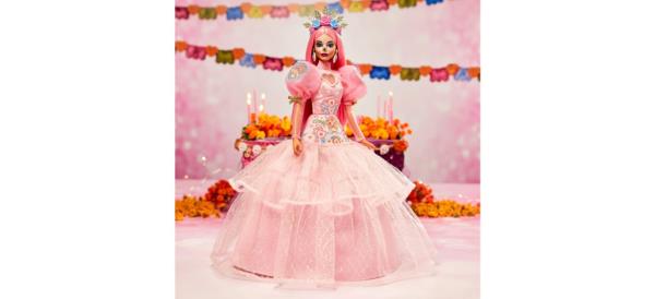 Barbie doll in pin ball gown with mask