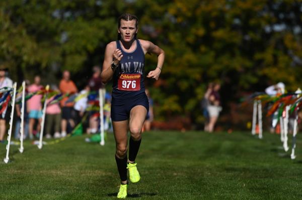 Manchester Valley's Elizabeth Szybalski approaches the finish to take second place in the girls varsity race during the Carroll County cross country champio<em></em>nships at McDaniel College on Tuesday. (Brian Krista/Staff)