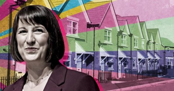 Chancellor Rachel Reeves is pictured against a backdrop of colourful houses 