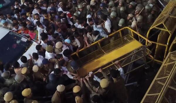  Supporters of BJP MLA Vishvaraj Singh break police barricade after he was denied entry into Udaipur Palace, hours after he was anointed the titular head of the erstwhile royal family of Mewar, in Udaipur.