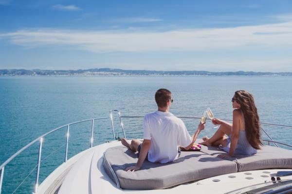 A couple cme<em></em>ta champagne glasses while sitting at the front of a luxury yacht.