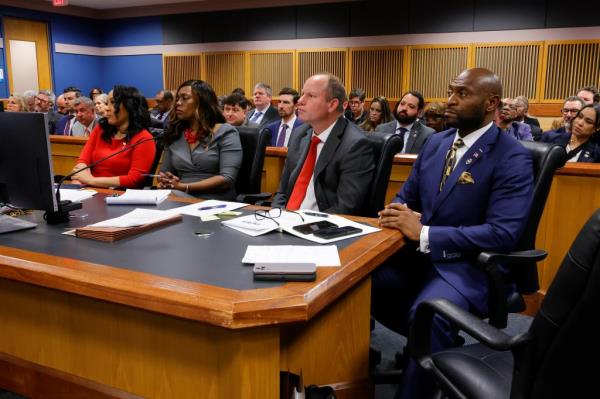 Fulton County District Attorney Fani Willis, prosecutor Daysha Young, attorney Andrew Evans and prosecutor Nathan Wade, listen during a hearing in the case of the State of Georgia v. Do<em></em>nald John Trump at the Fulton County Courthouse on March 1, 2024, in Atlanta, Georgia. 