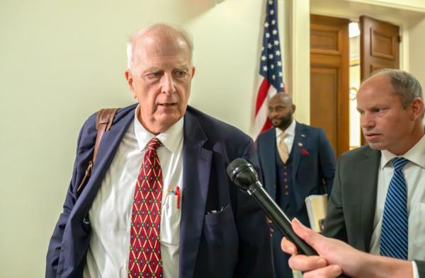 Former Governor Roy Barnes (Democrat of Georgia) says a few words as former Fulton County (Georgia) prosecutor Nathan Wade departs after meeting with staff members of the United States House Judiciary Committee, co<em></em>ncerning his romantic relatio<em></em>nship with Fulton County (Georgia) District Attorney Fani Willis in the Rayburn House Office Building on Capitol Hill in Washington, DC on Tuesday, October 15,  of former US President Do<em></em>nald Trump 2024. 