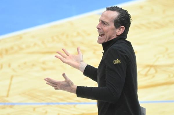 Cleveland Cavaliers head coach Kenny Atkinson reacts in the fourth quarter against the Utah Jazz at Rocket Mortgage FieldHouse. 