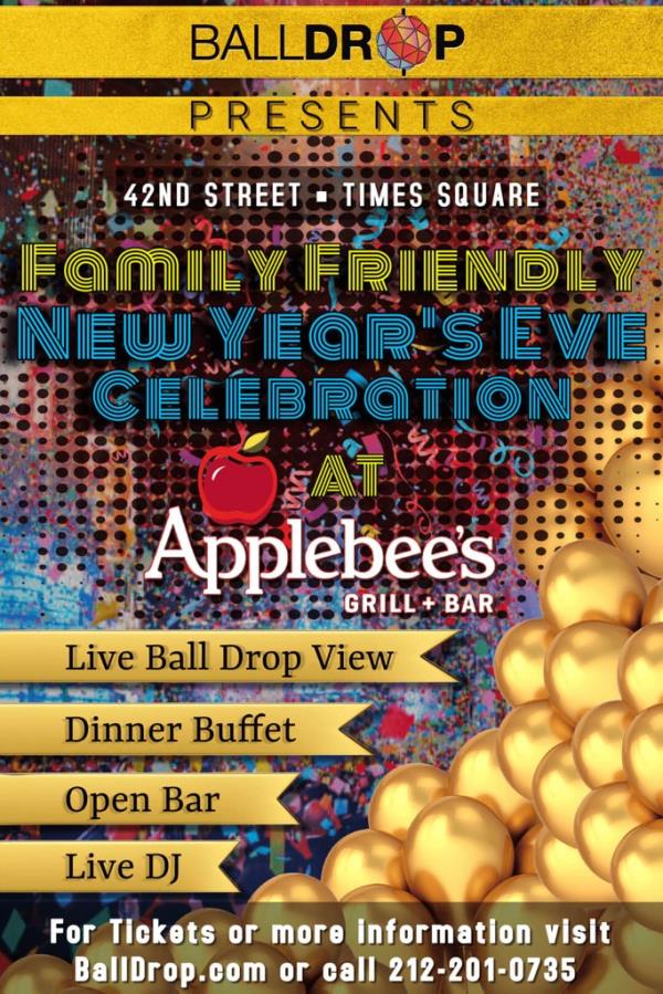 A poster advertising New Year's Eve celebrations at Applebee's with gold balloons and information on ticket prices