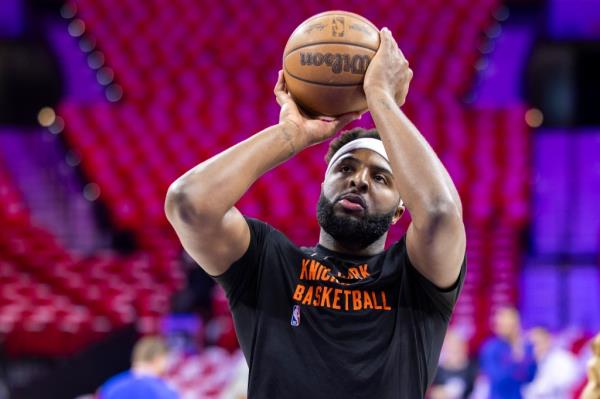 New York Knicks center Mitchell Robinson warms up before game 3 of the Eastern Co<em></em>nference first round at the Wells Fargo Center, Thursday, April 25, 2024, in Philadelphia, PA.