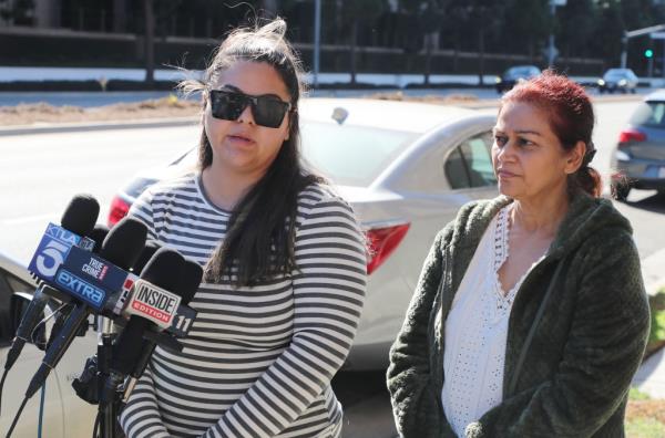 Nov. 13, 2024: Chanel Maya Banks' mother Judy Kumar and cousin Danielle Tori Singh talk to the press outside the apartment wher<em></em>e she shared with her husband Carlos Jimenez.
