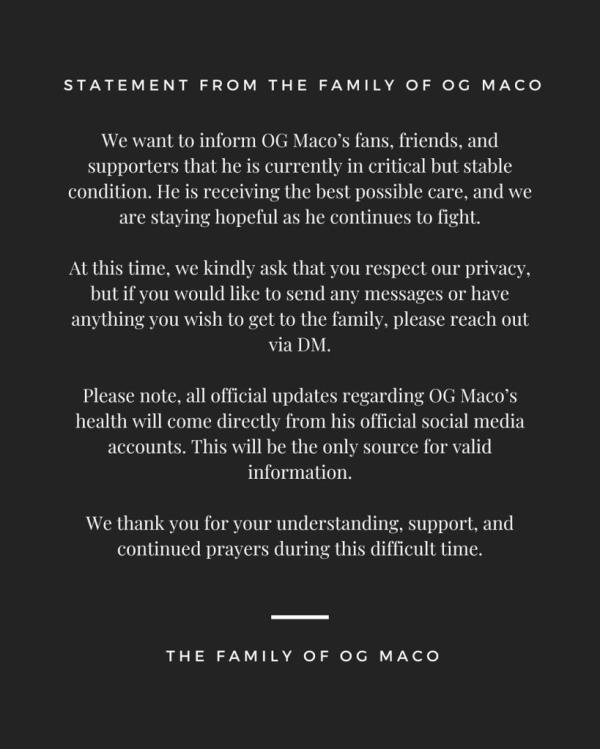 OG Maco's family co<em></em>nfirmed his death in a statement posted to Instagram on Friday.