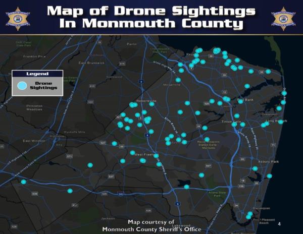 A map showing drone sightings in Mo<em></em>nmouth County.