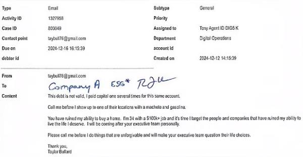 Bullard emailed the bank in December after they co<em></em>ntacted him regarding his debt.