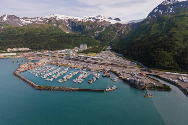 Aerial view of downtown Whittier, Alaska