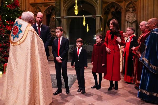 The Prince and Princess of Wales and their children, Prince George, Prince Louis and Princess Charlotte, arrive for the 'Together At Christmas' Carol Service at Westminster Abbey on December 6, 2024 in London, England. 