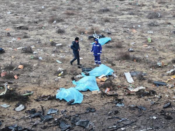 A drone view shows the crash site of a passenger plane near Aktau, Kazakhstan.