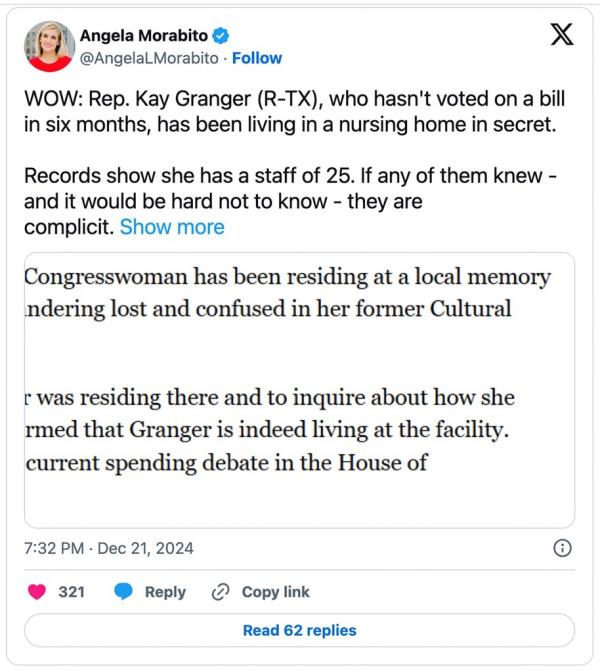 A screenshot of a social media post discussing outrage towards GOP co<em></em>ngresswoman Kay Granger's living situation, mentio<em></em>ning Caitlin Linney