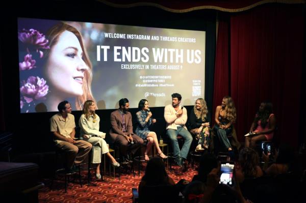 Alex Neustaedter, Isabela Ferrer, Hasan Minhaj, Jenny Slate, Brandon Sklenar, Colleen Hoover and Blake Lively at the "It Ends With Us" screening  in NYC on Aug. 5