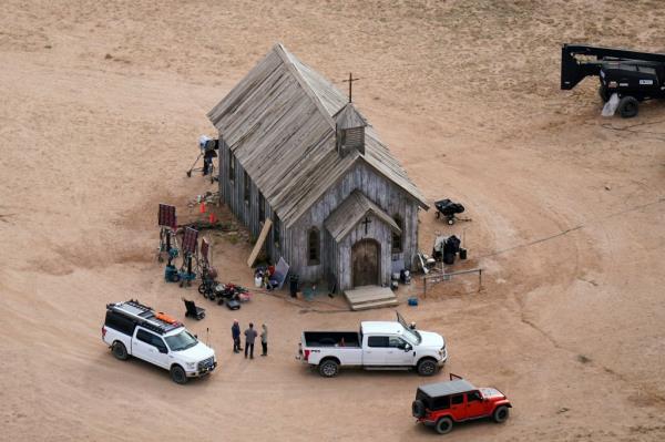 aerial photo shows the Bo<em></em>nanza Creek Ranch in Santa Fe, New Mexico, Oct. 23, 2021, used for the film "Rust."