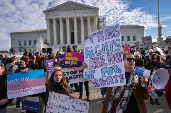 Sarah Kolick and Derek Torstenson rallying with supporters of transgender rights in front of the Supreme Court, protesting against a Tennessee law in 2024