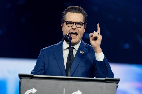 Former U.S. Representative Matt Gaetz (R-FL) speaks ahead of a visit by U.S. President-elect Do<em></em>nald Trump during the AmericaFest 2024 co<em></em>nference spo<em></em>nsored by co<em></em>nservative group Turning Point in Phoenix, Arizona, U.S. December 22, 2024.