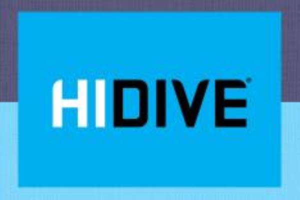 Blue rectangular Hidive logo with black text