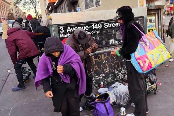 Homeless people and addicts gathered outside a subway station on Nov. 12, 2024.