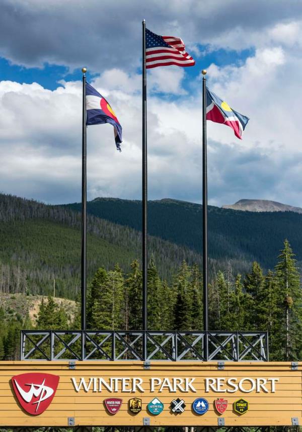 A group of flags on poles at Winter Park Ski Resort in Colorado, United States taken on 2016/07/17