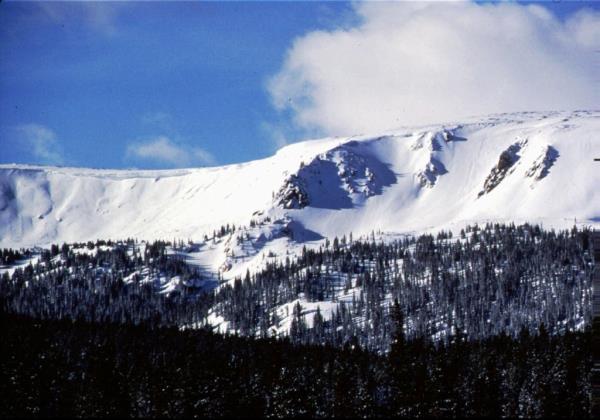 Sun shining on the newly added terrain of Vasquez Cirque at Winter Park Resort, Colorado in February 1997