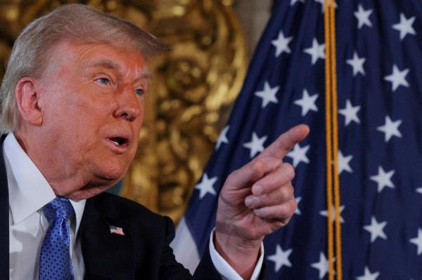 U.S. President-elect Do<em></em>nald Trump pointing while delivering remarks at Mar-a-Lago in Palm Beach, Florida on December 16, 2024