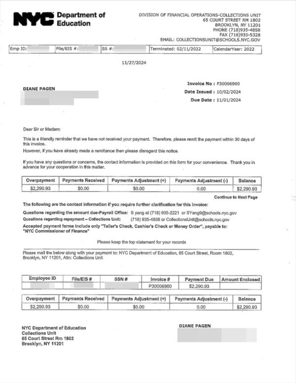 Social worker Diane Pagen alo<em></em>ngside a new<em></em>line displaying an invoice of $2,290 from the DOE