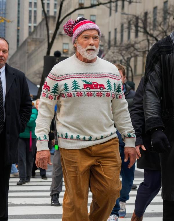 Arnold Schwarzenegger is seen on the set of "The Man With The Bag" on December 17, 2024 in New York City.  