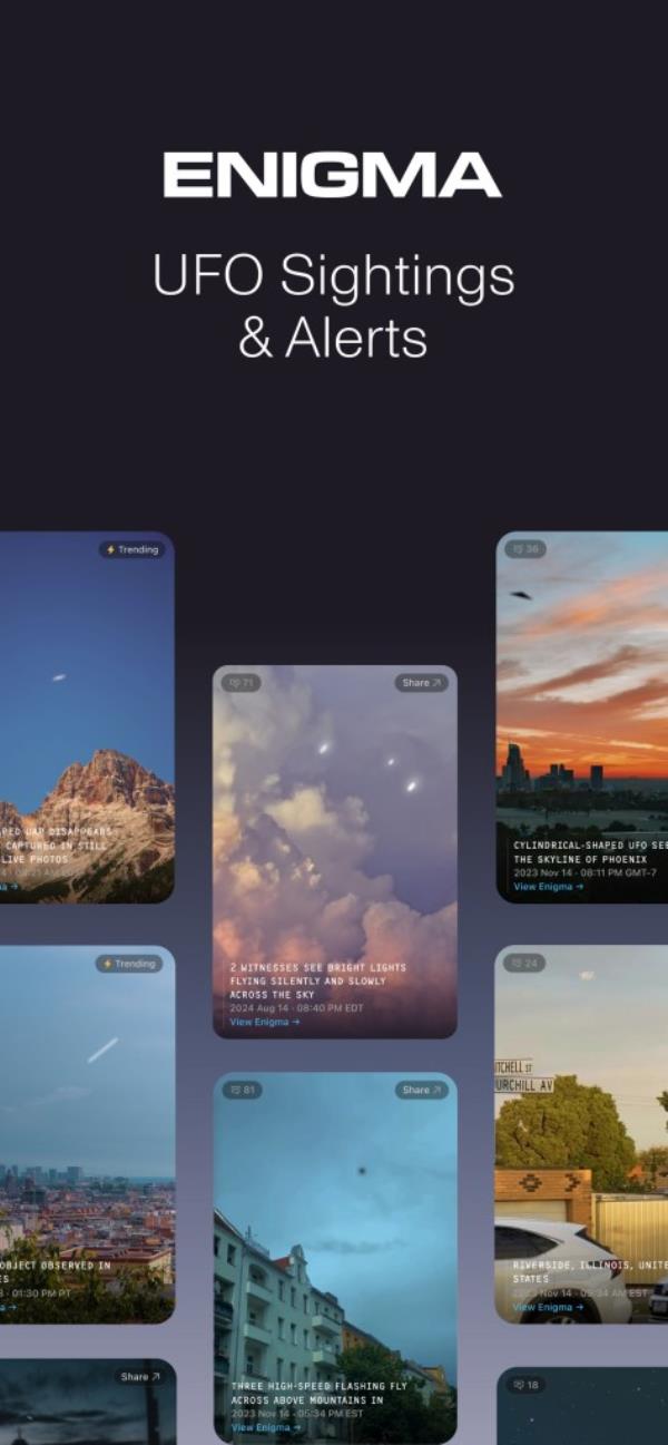 Screenshot of the Enigma Labs app on a phone, used for sharing UFO sightings