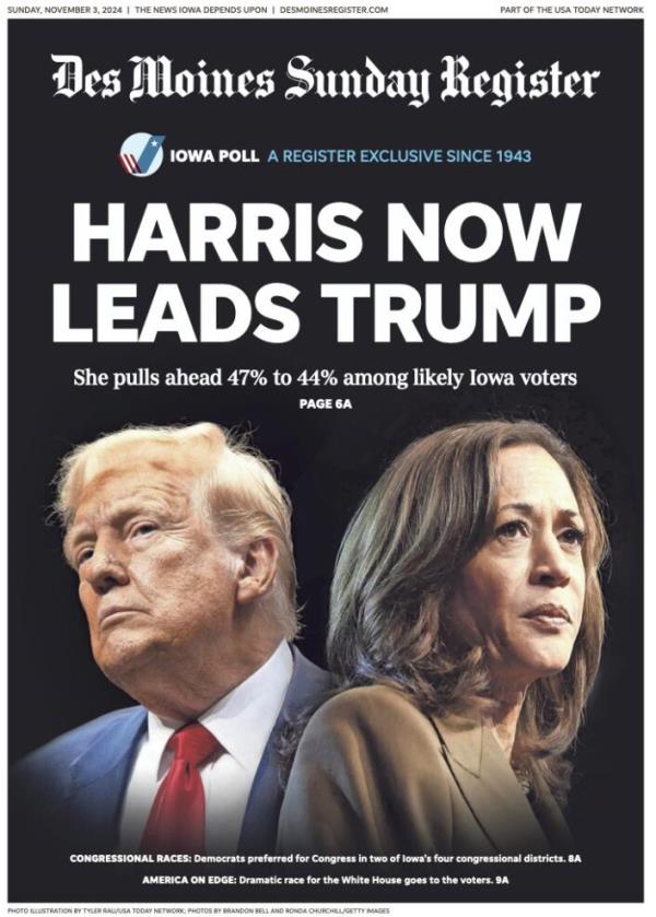 Front page of the the DES MOINES SUNDAY REGISTER the show results of a poll with Kamala Harris leading Do<em></em>nald Trump