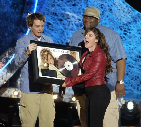 Clay Aiken and Ruben Studdard, winners of 'American Idol' Season 2 (2003), and Kelly Clarkson (2nd R), winner of 'American Idol' Season 1 (2002).