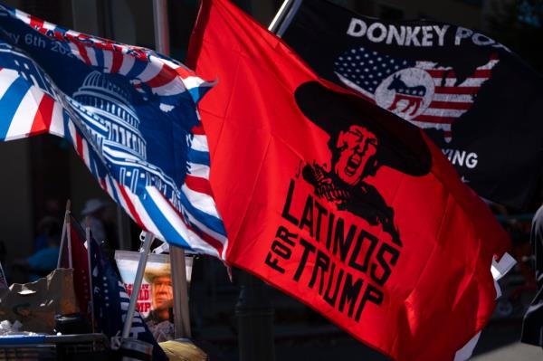  flag reads "Latinos for Trump" outside of U.S. Republican presidential nominee, former President Do<em></em>nald Trumps