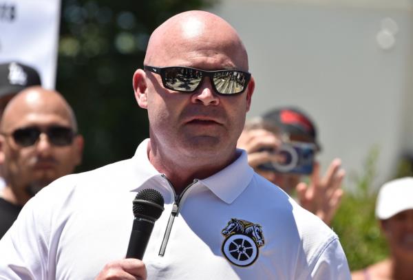 Sean O'Brien, General President of the Internatio<em></em>nal Brotherhood of Teamsters, speaking at a strike outside Amazon Studios in Culver City, California, with unio<em></em>n members