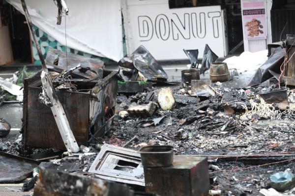 Firefighters work at the scene of a fire at the Christmas Market in Herald Square on Broadway and 35th St early Monday, Dec. 16, 2024.