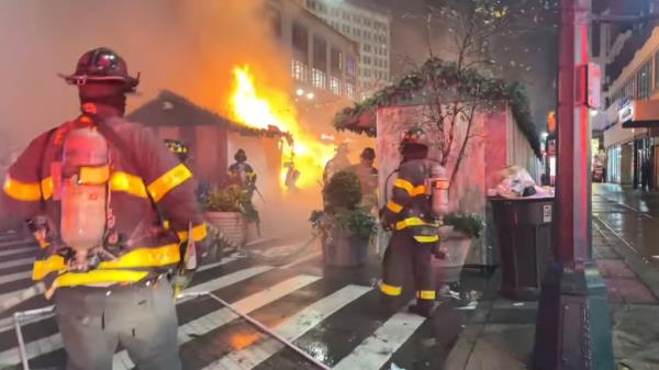 The blaze ripped through a swath of the festive shopping corridor on Broadway between West 35th and West 36th Streets just after 4 a.m.