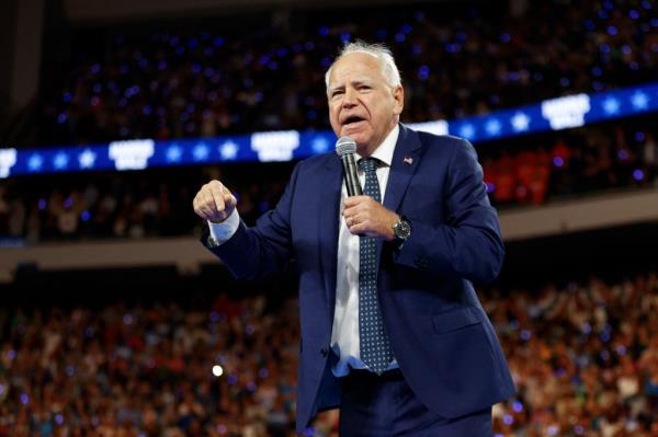 Walz speaks at the campaign rally at the Fiserv Forum in Milwaukee, Wisconsin, Aug. 20, 2024.